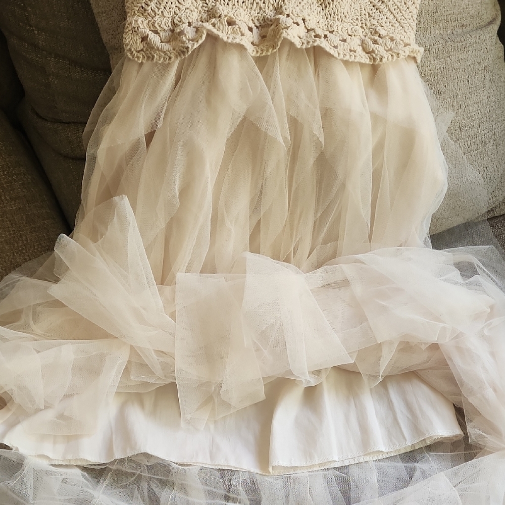 Lollita Cream Tulle Maxi Dress Crochet Bodice Boho Cottagecore Bridal Ethereal - Picture 13 of 15